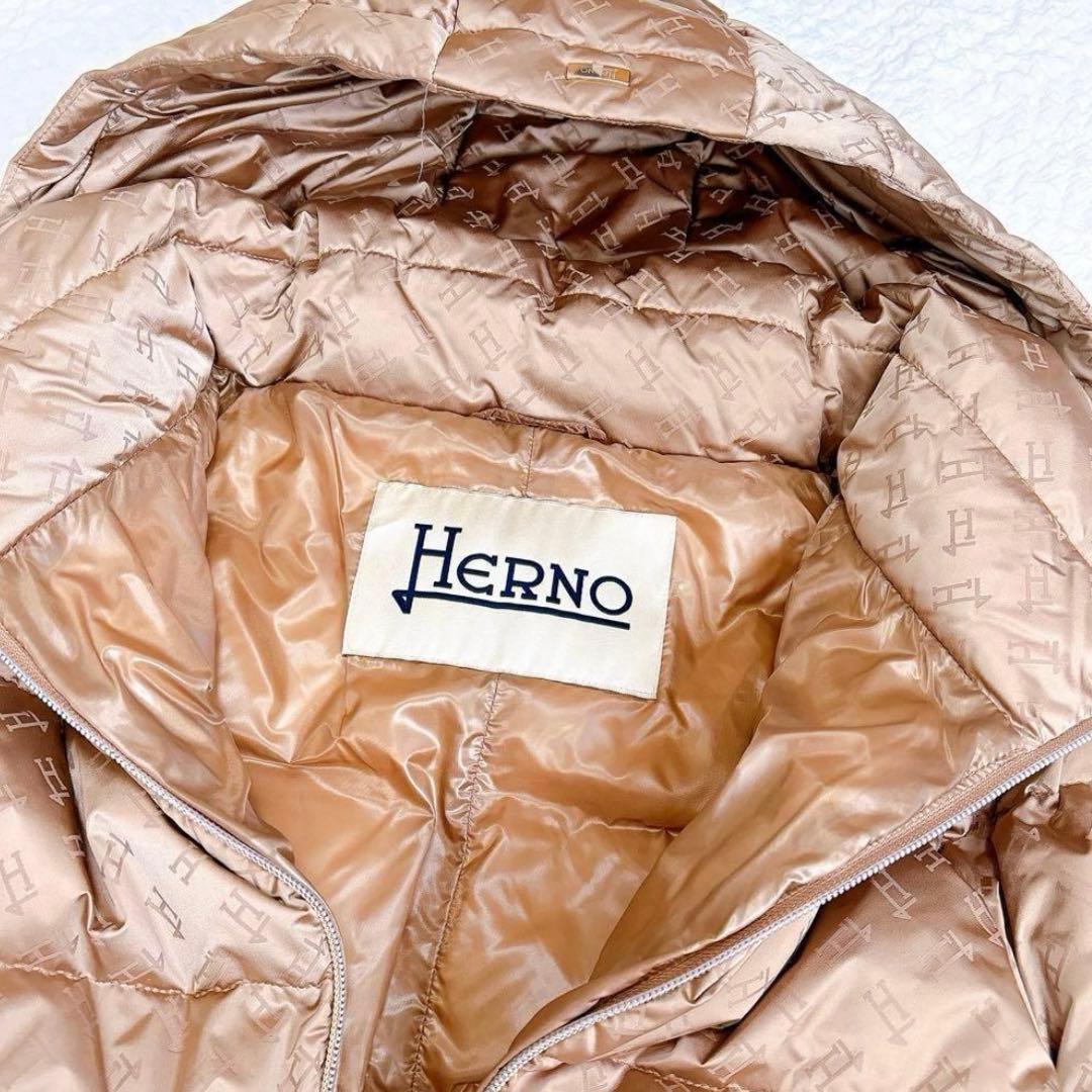 極美品✨HERNO モノグラム柄　ダウンジャケット　ロゴ　総柄　ブラウン　フード