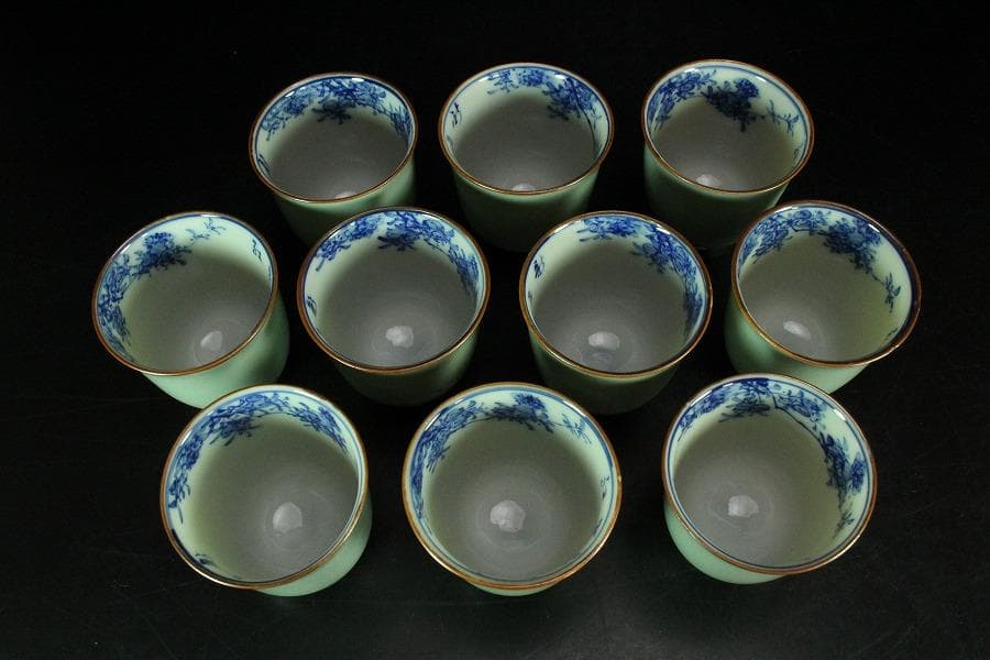豆青釉 内青花 草花紋 蓋碗 十客(K-A747)