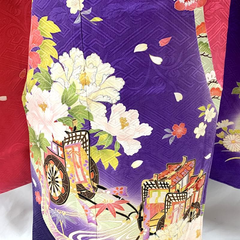 504ag36□七五三 七歳 女児 着物&袋帯&長襦袢 御所車 花□状態良好