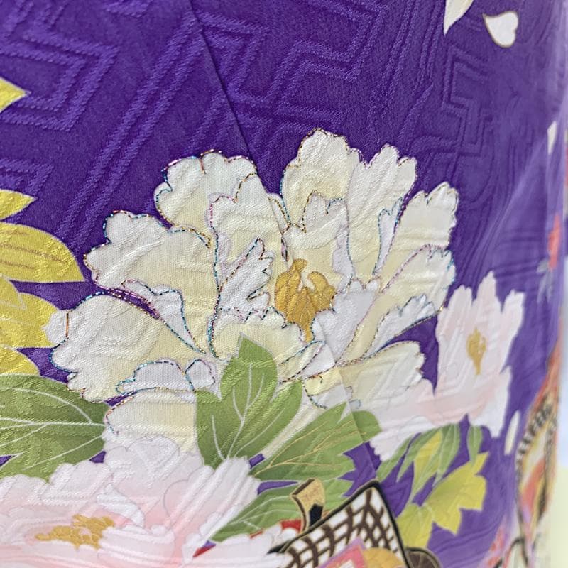504ag36□七五三 七歳 女児 着物&袋帯&長襦袢 御所車 花□状態良好