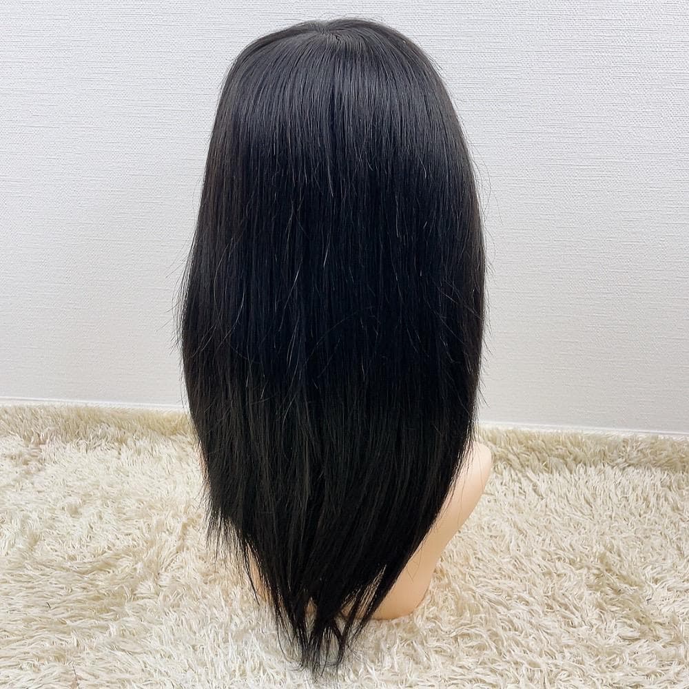 人毛100% フルウィッグ 医療用 ロングストレート ブラック 黒髪 手縫い