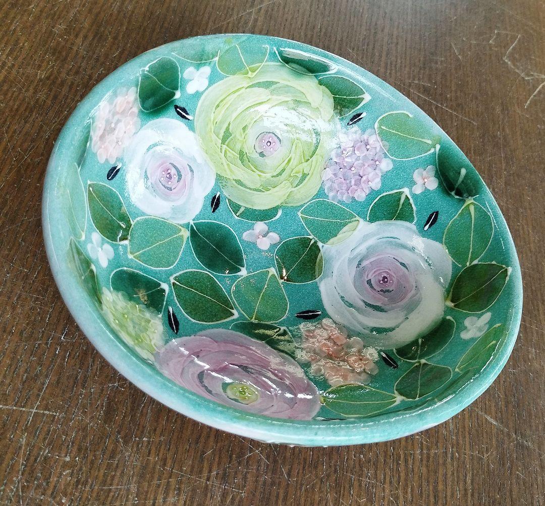 【新品・未使用】工房ゆずりは　緑彩ローズ　おしゃれ鉢　スープ碗　陶器　鉢　食器