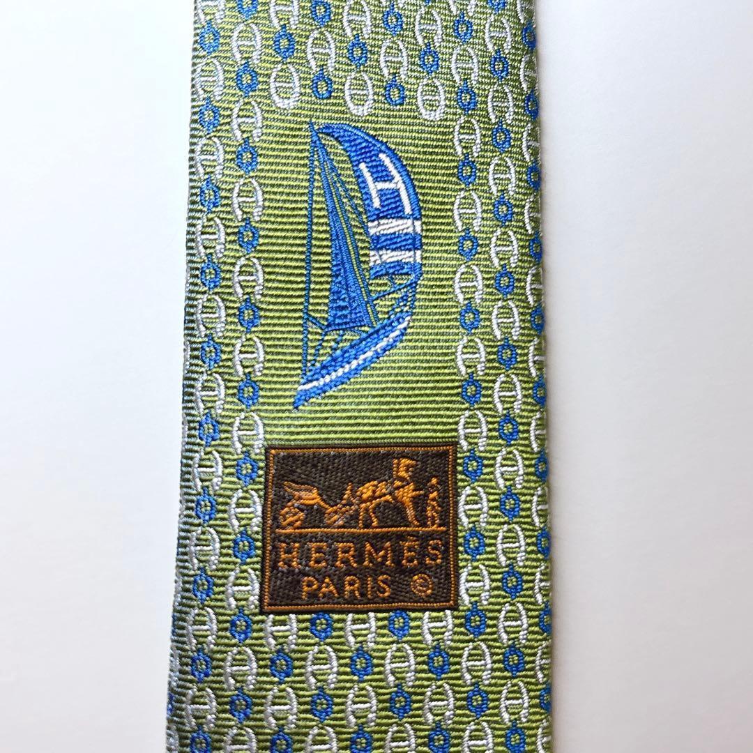 極美品 エルメス ネクタイ シェーヌダンクル H柄 ファソネ ヨット刺繍 箱付き