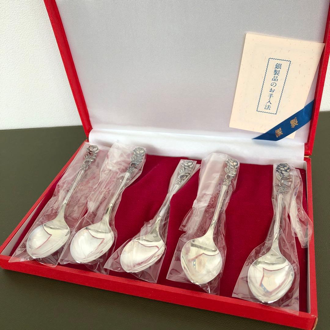 未使用　銀製　スプーン5客セット　純銀　シルバー　バラ　薔薇　SILVERローズ