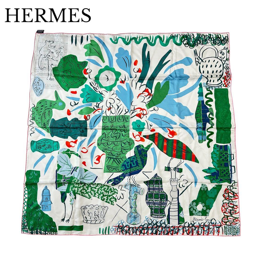 HERMES カレ90 おしゃべりな鳥たちの家 シルクスカーフ 大判