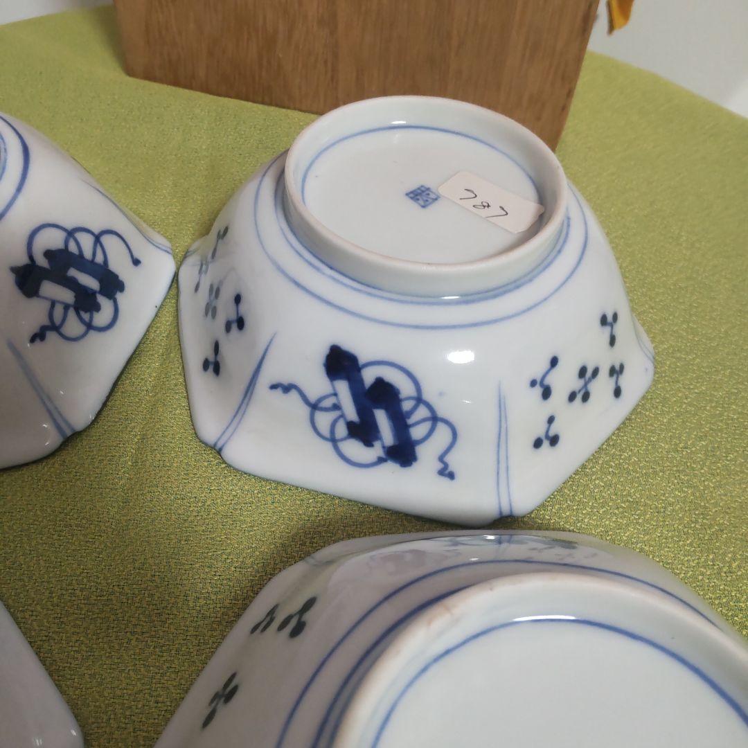 骨董 手描き 伊万里焼 藍九谷 古九谷 染付 古伊万里 六角 小鉢 木箱付