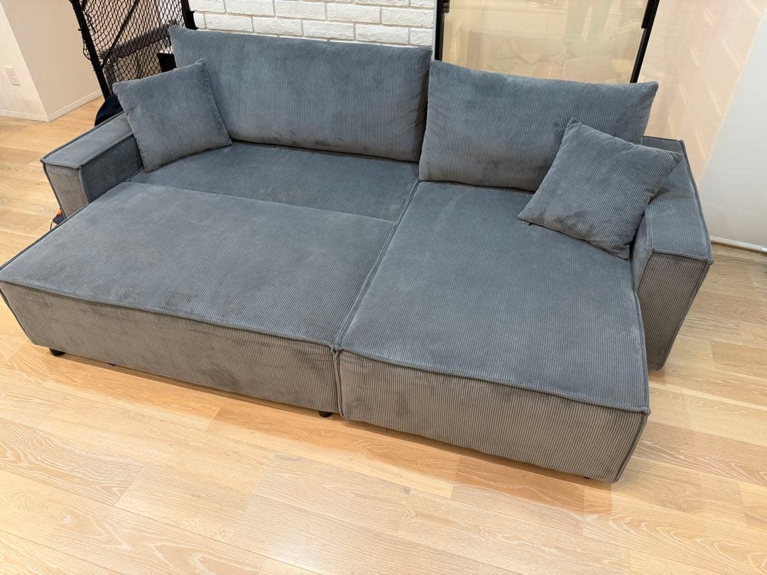 【ほぼ新品】L字ソファ・ソファベッド　定価20万　グレー　コーデュロイ生地