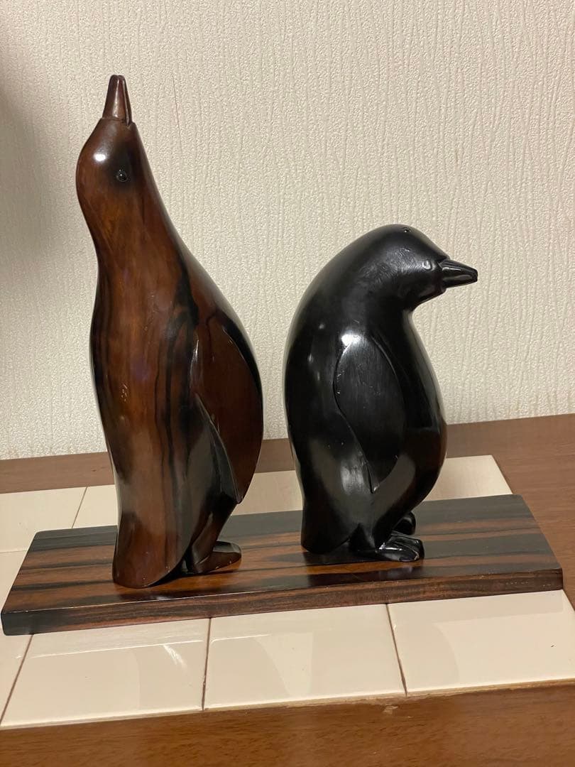 ビンテージ　骨董品　天然木　無垢材　縞黒檀　ペンギン　彫刻　置物　昭和レトロ