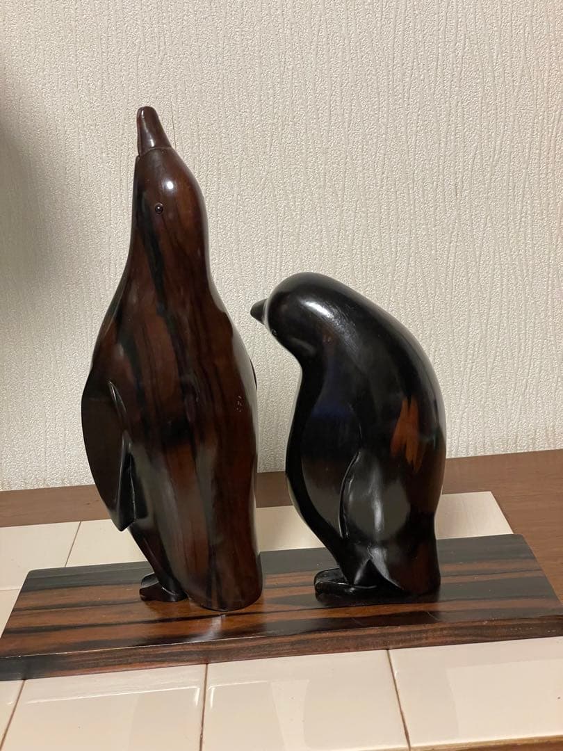 ビンテージ　骨董品　天然木　無垢材　縞黒檀　ペンギン　彫刻　置物　昭和レトロ