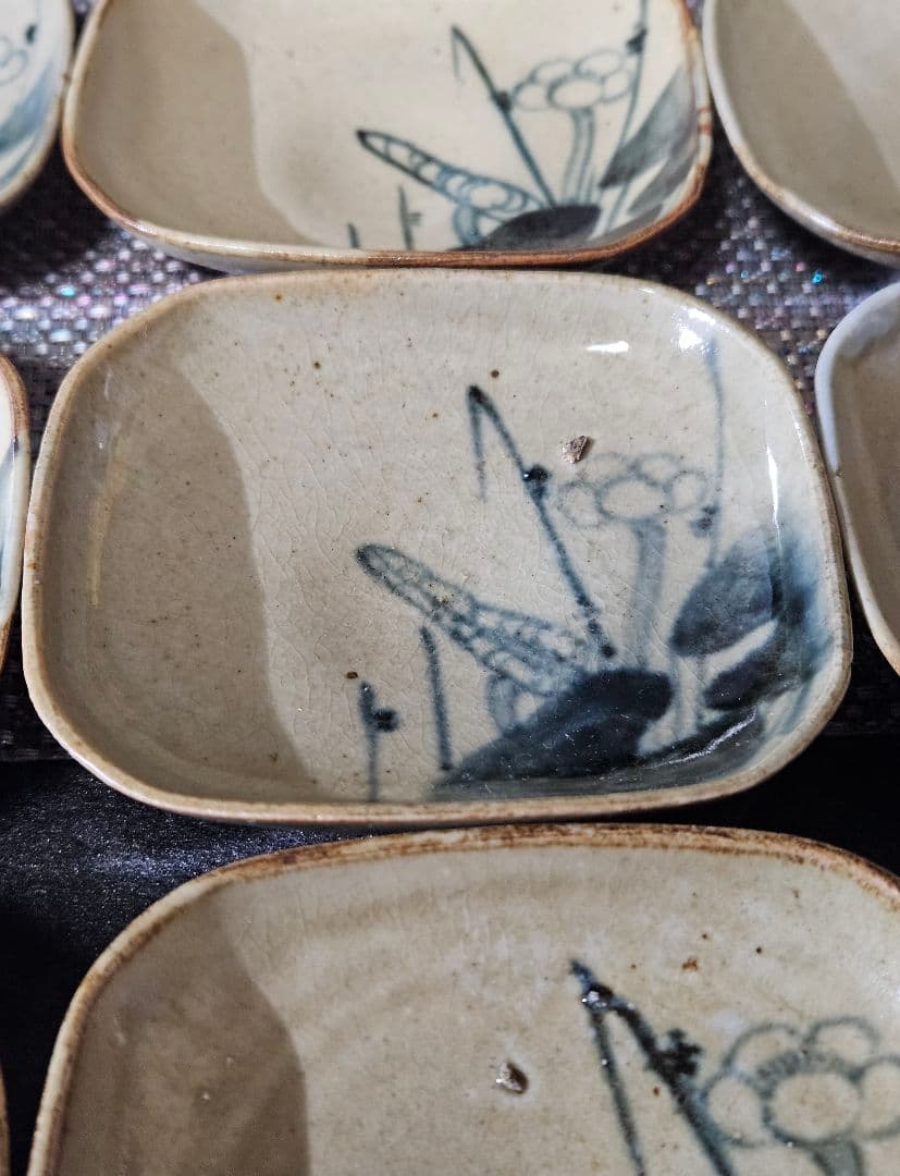 明治時代　古瀬戸　古美濃系　呉須　染付 かわほねの図　小皿　豆皿　手塩皿　20客