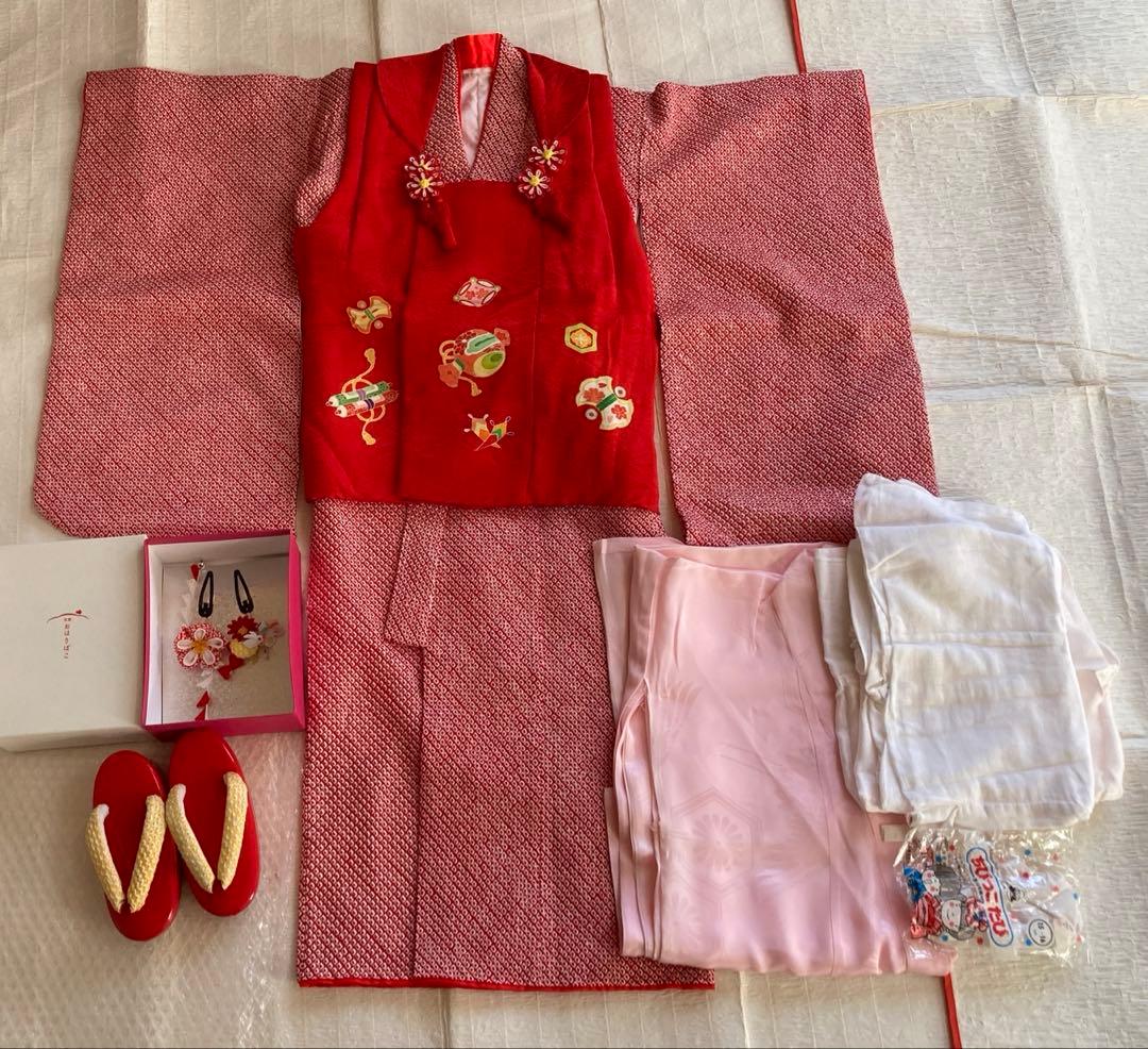 最高級　京都古川被布　おはりばこ髪飾り　総絞り着物　長襦袢　草履　足袋フルセット