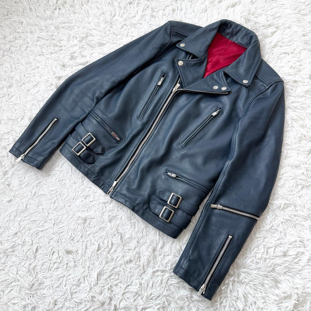 【美品✨】NO ID. 牛革 ダブルライダースジャケット レザー ネイビー×赤