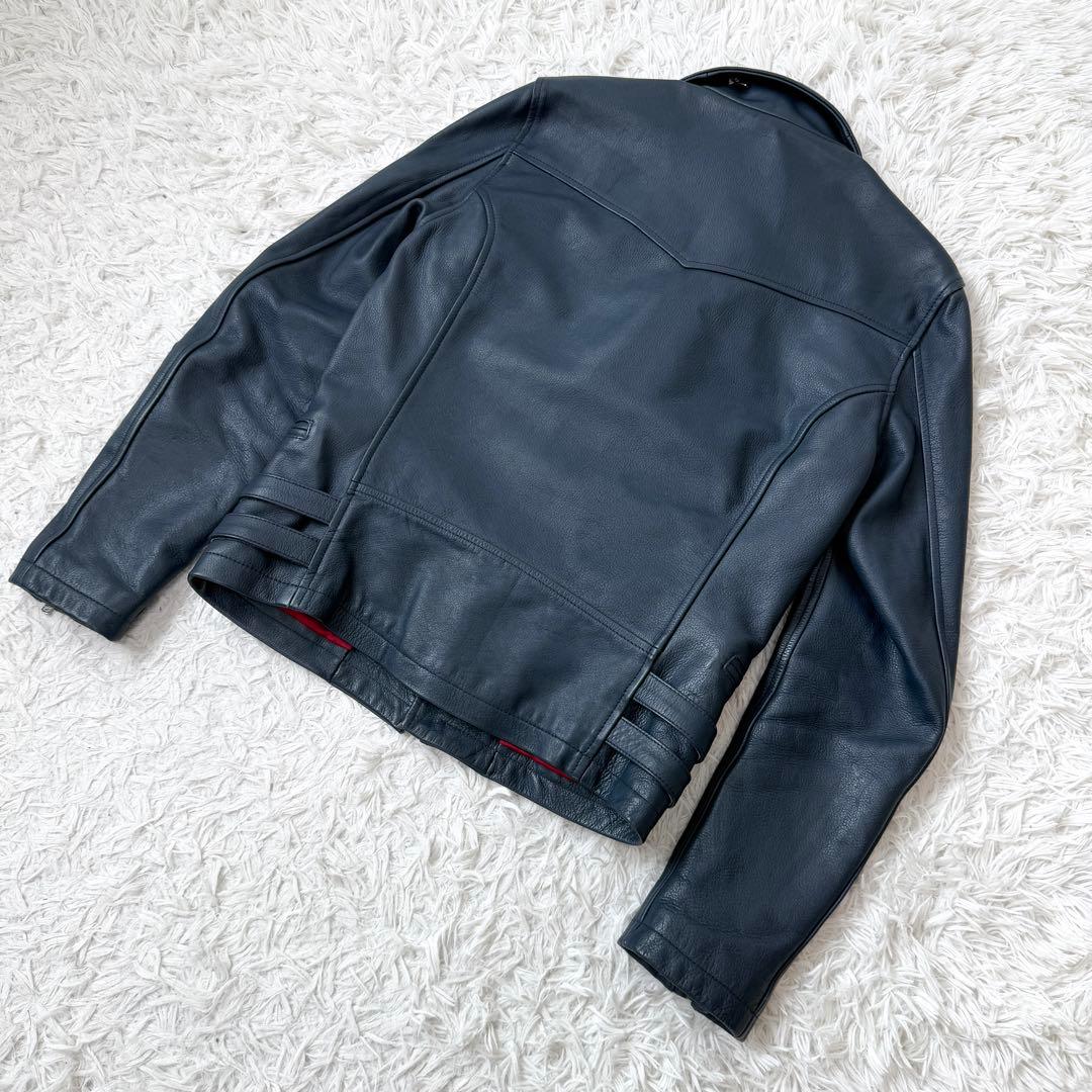 【美品✨】NO ID. 牛革 ダブルライダースジャケット レザー ネイビー×赤
