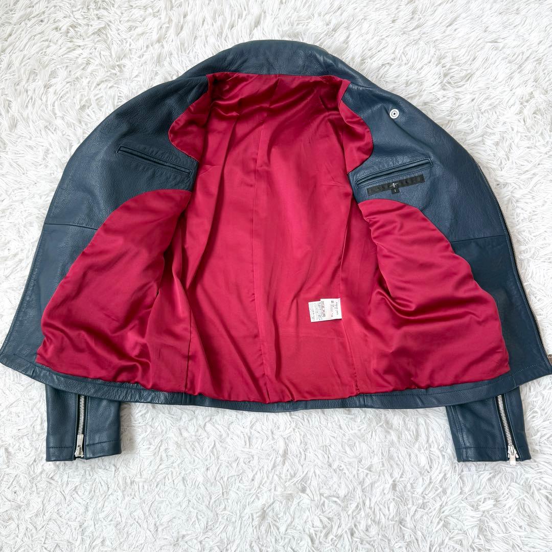 【美品✨】NO ID. 牛革 ダブルライダースジャケット レザー ネイビー×赤