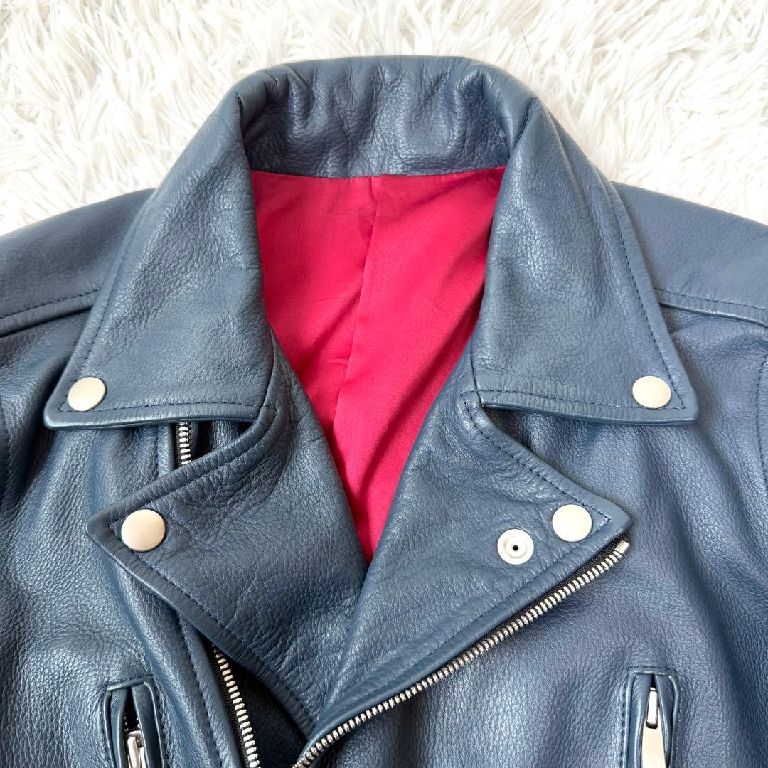 【美品✨】NO ID. 牛革 ダブルライダースジャケット レザー ネイビー×赤