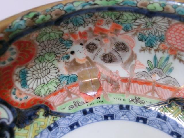 大鉢■色絵 窓絵 鶴 麒麟 唐子 古い菓子器 置物 花唐草 骨董(江戸後期)■