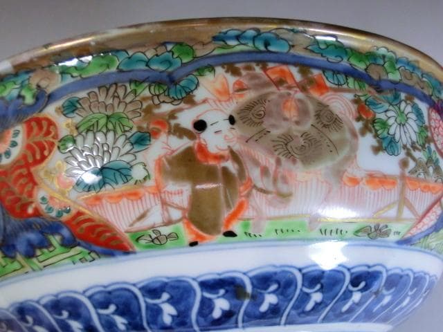 大鉢■色絵 窓絵 鶴 麒麟 唐子 古い菓子器 置物 花唐草 骨董(江戸後期)■