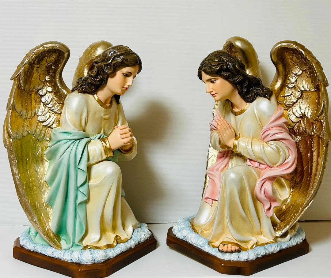 【超希少美品】✞祈る天使像ペア　家庭祭壇用　宗教彫刻