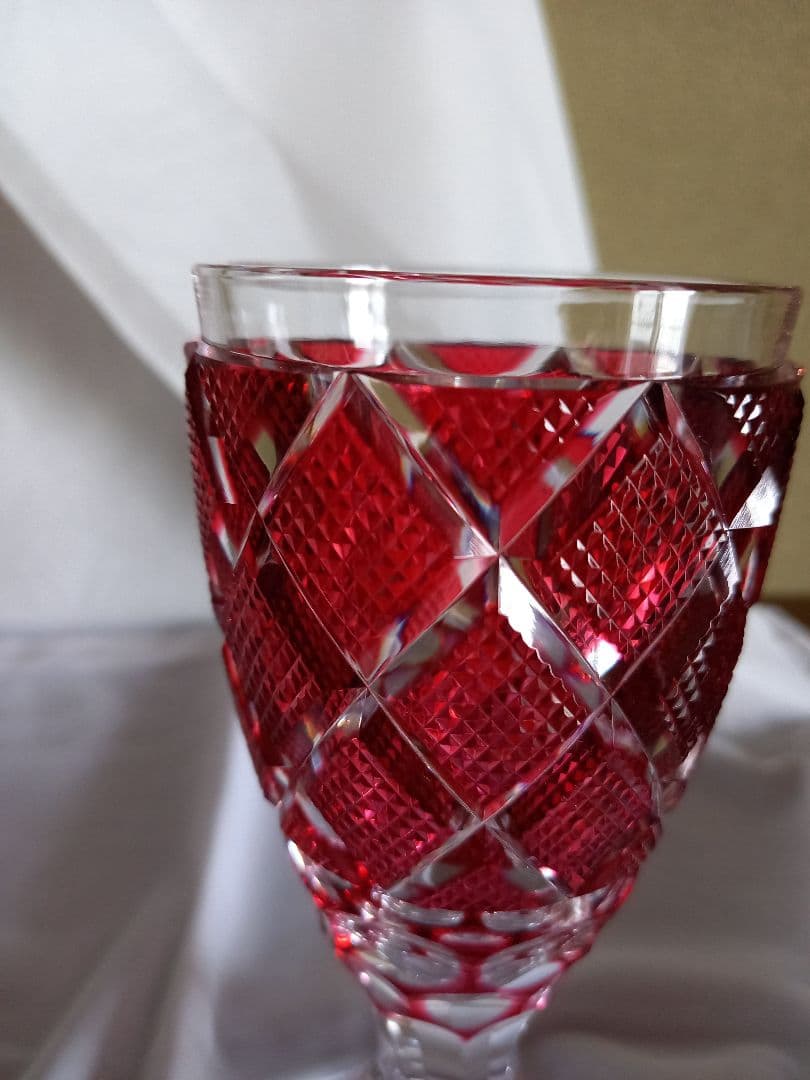 島津 薩摩切子　脚付杯　金赤