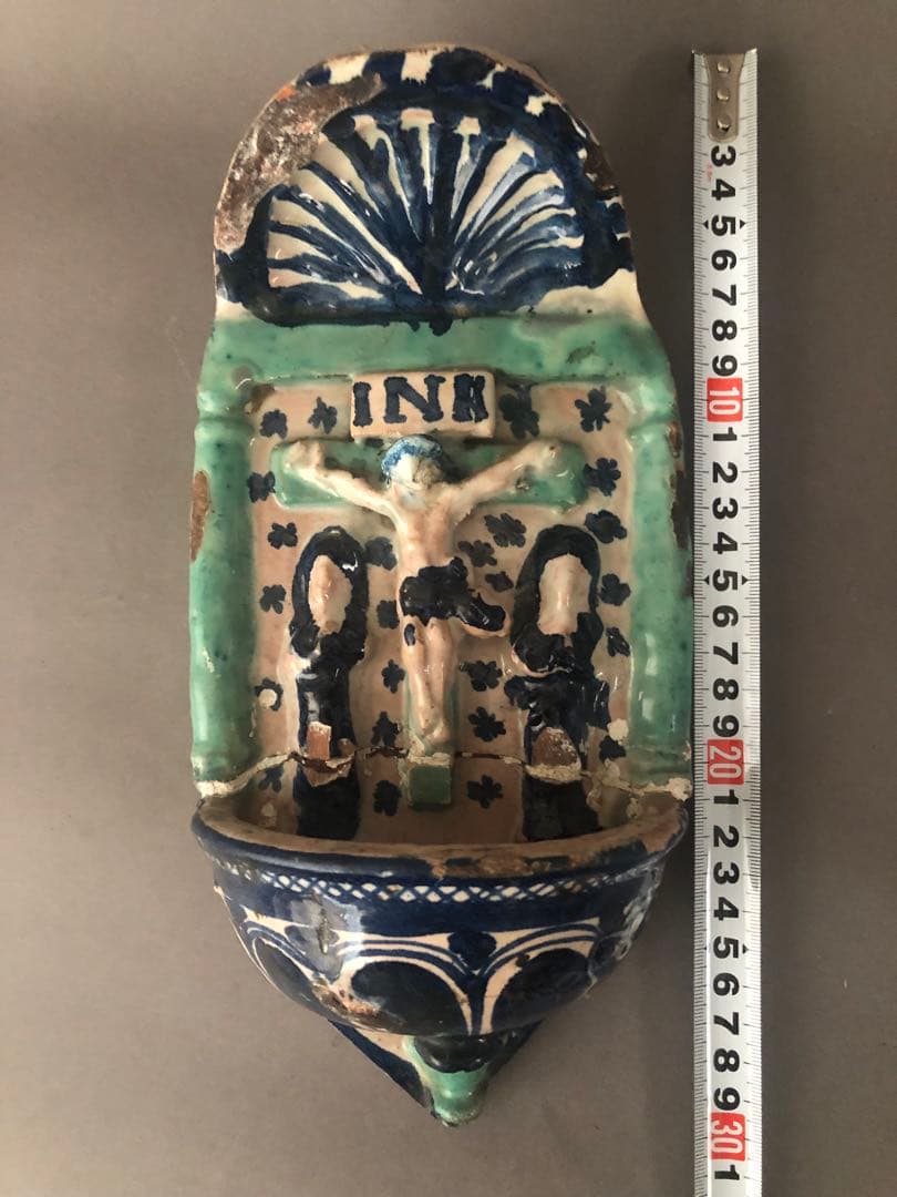 スペイン骨董　アンティーク壁掛け陶器　聖水盤