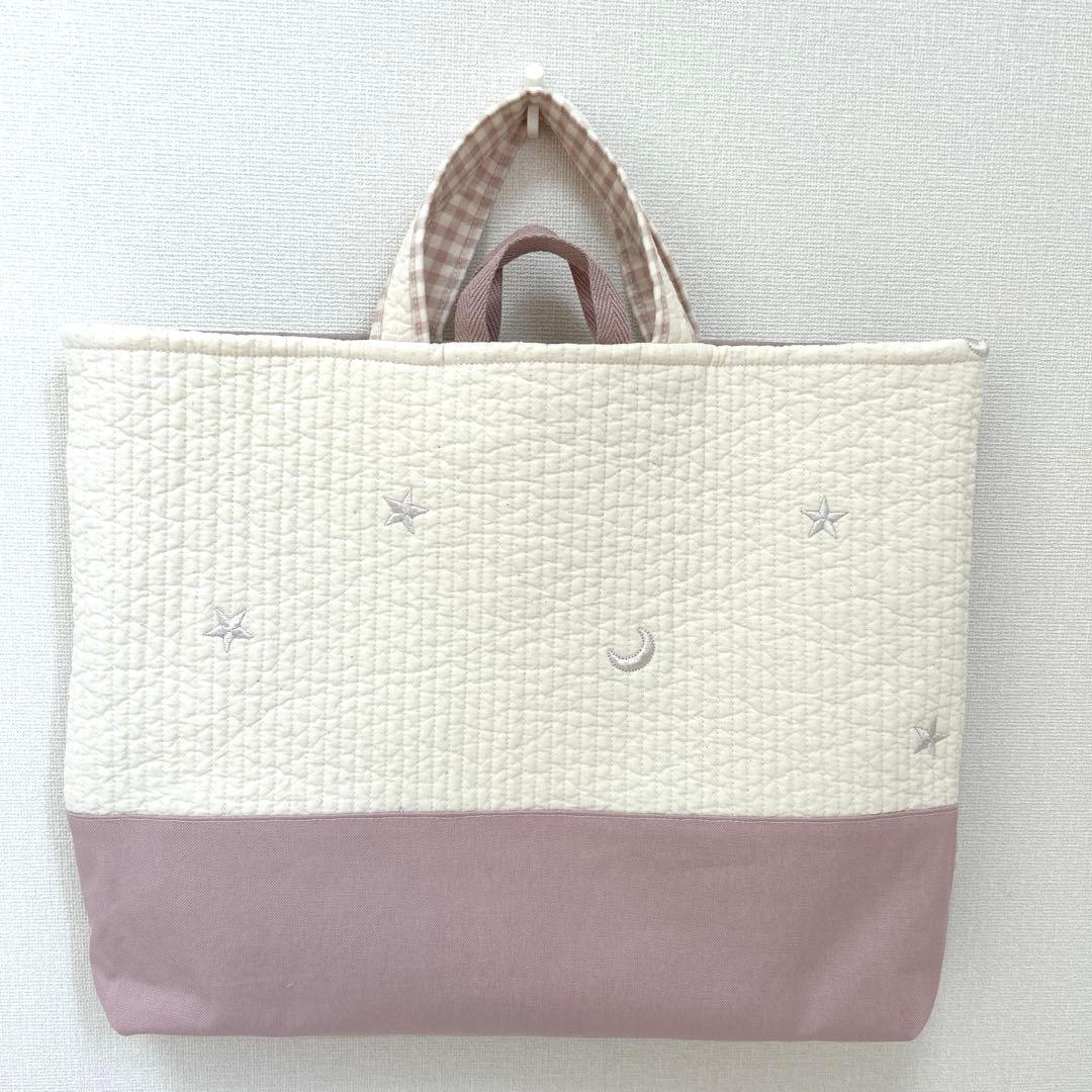 入園入学3点セット　 【月と星ヌビ×くすみピンク】　女の子　手提げ　ループ