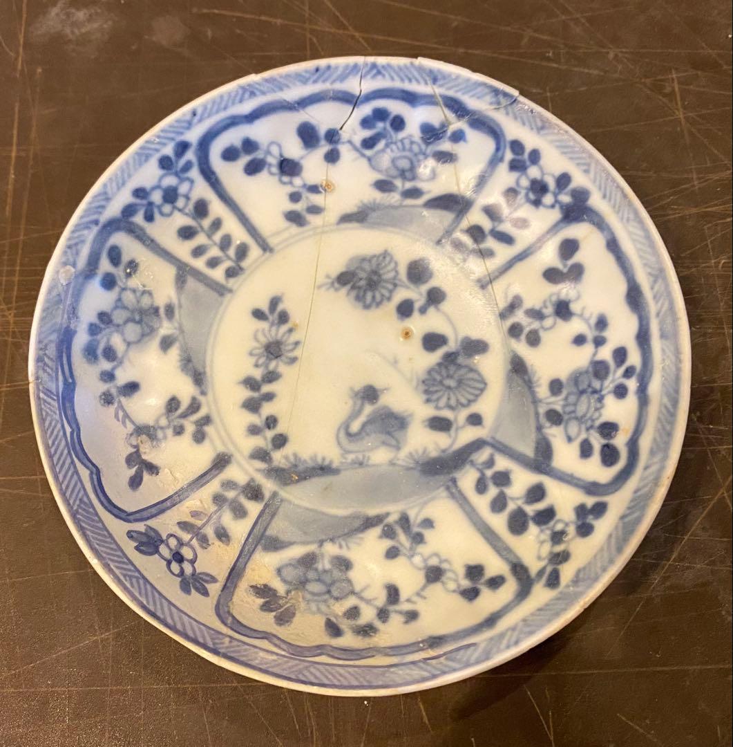 景徳鎮窯染付絵皿　鑑賞台付 ・沈船品　ヴィンテージ　レア ・台湾茶器