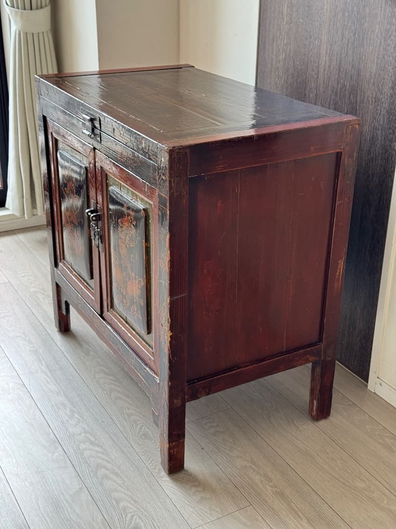 中国風 黒漆花鳥画キャビネット アンティーク調レプリカ 美品 76cm