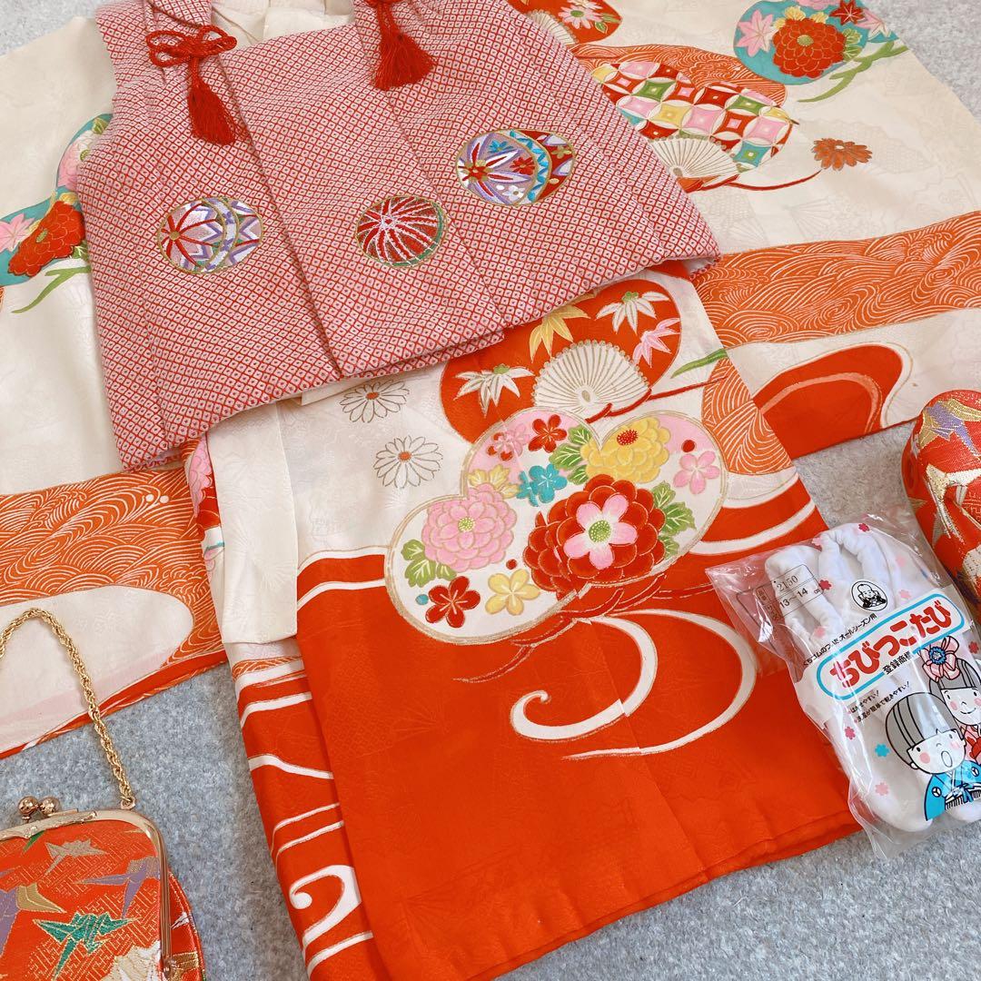 七五三 3歳 正絹 アンティーク 着物 被布 草履 バッグ セット