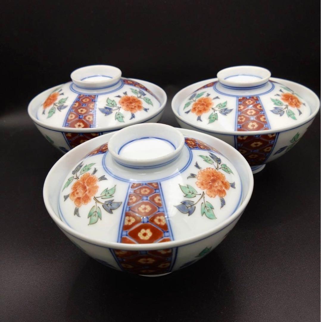 人間国宝 柿右衛門 蓋付 茶碗 3客セット