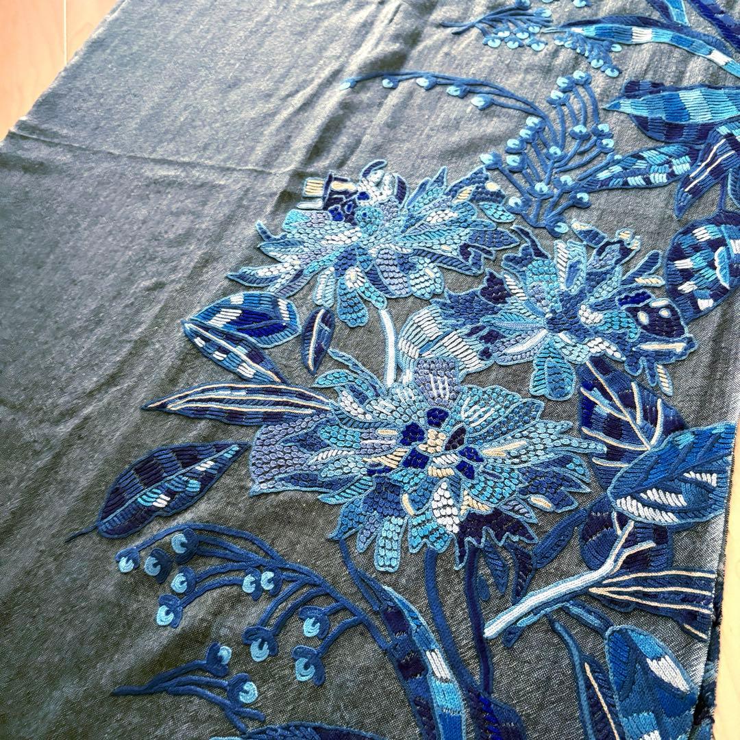 大判ストール 刺繍 シルク混 ブルー フリンジ付き