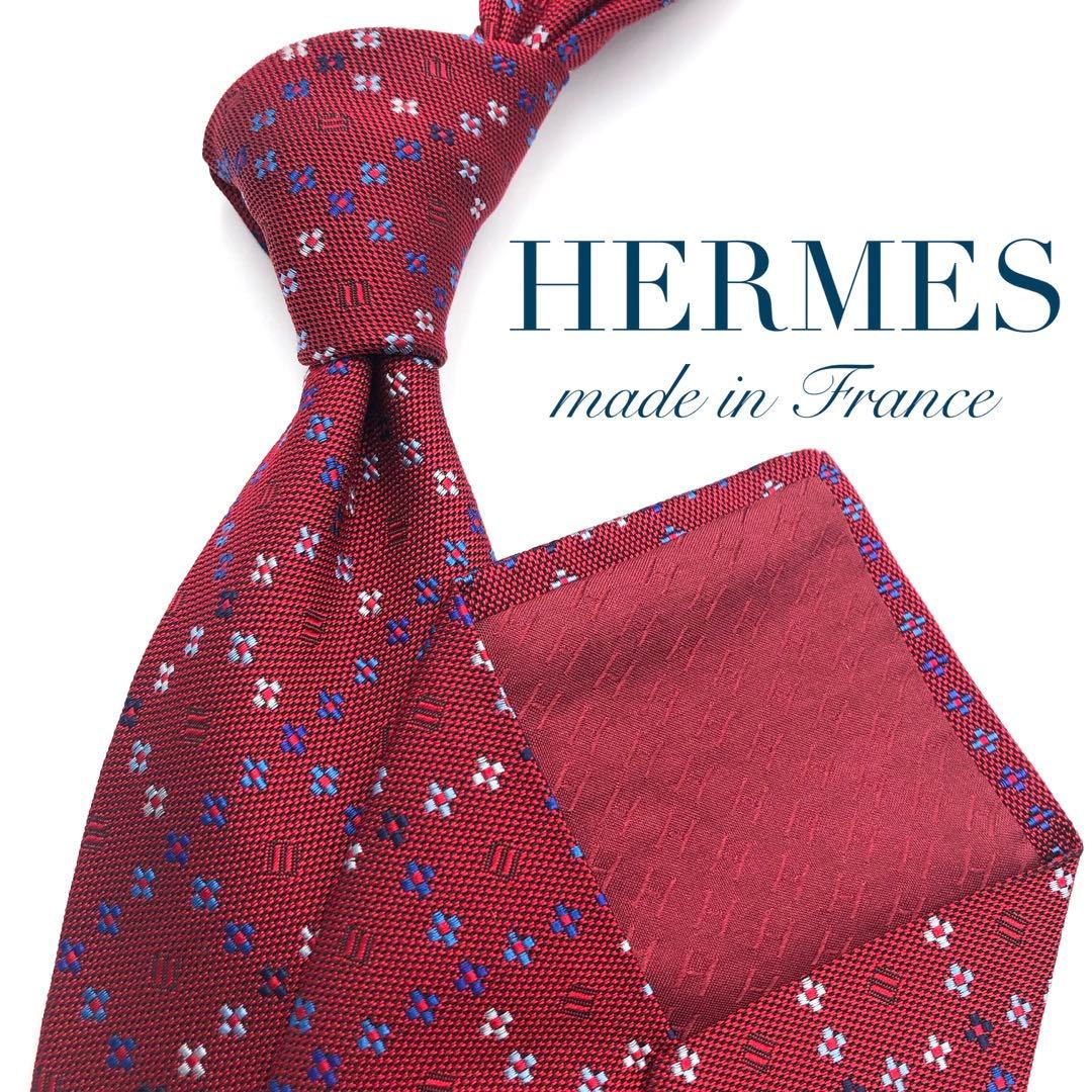 【極美品】HERMES ネクタイ 格子柄 花柄 ジャガード織 レッド