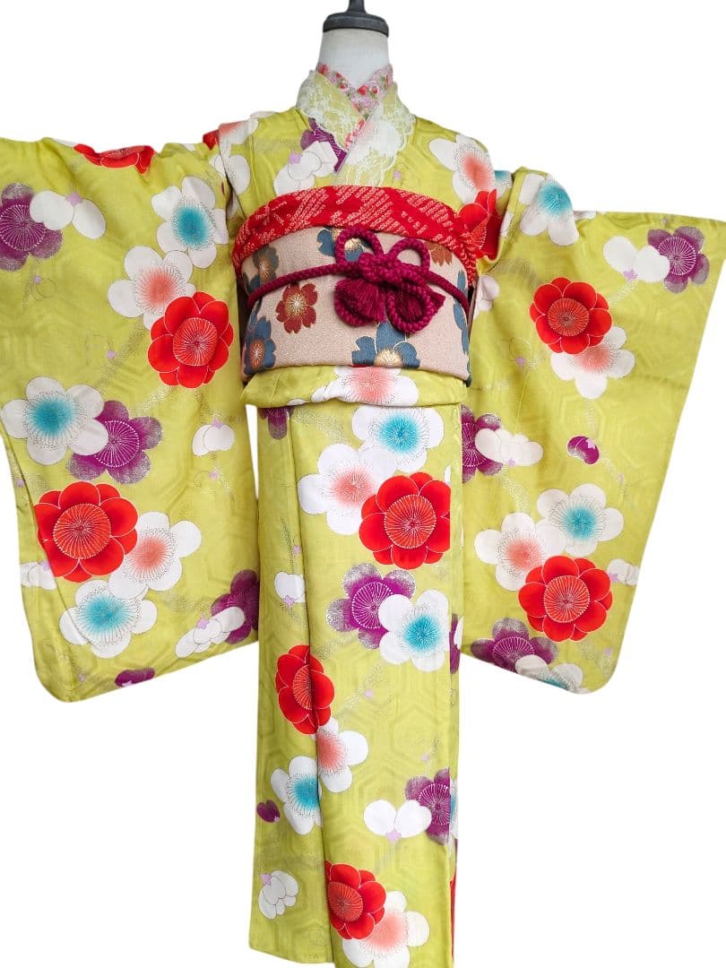 アンティークレモン色に梅の花の着物と作り帯セット