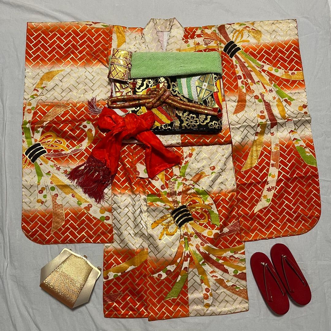 七五三　5歳　7歳　アンティーク　オレンジ　白