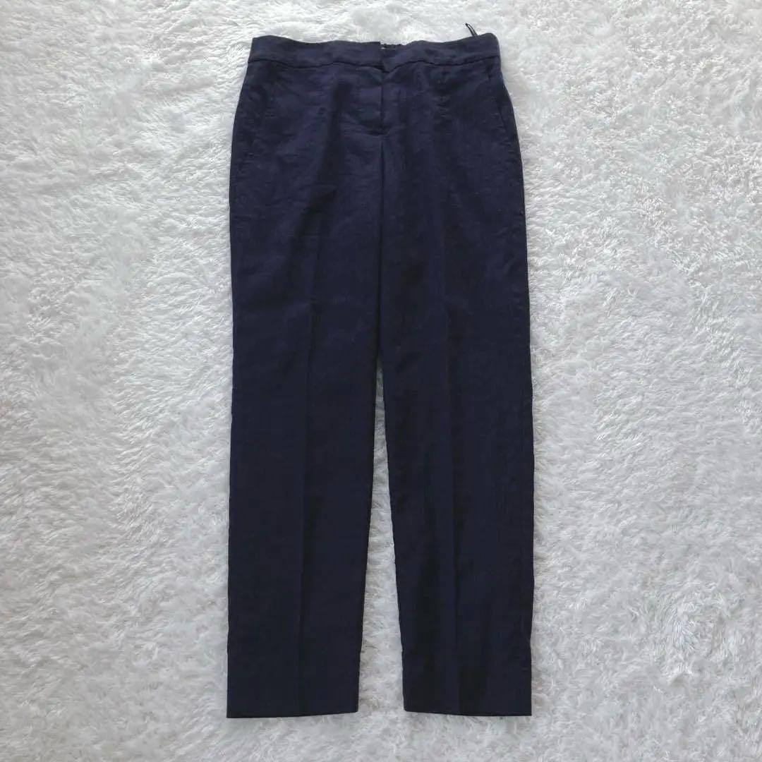 プラステ　パンツスーツ　ノーカラー　リネン混　ネイビー　L　夏スーツ　手洗い可