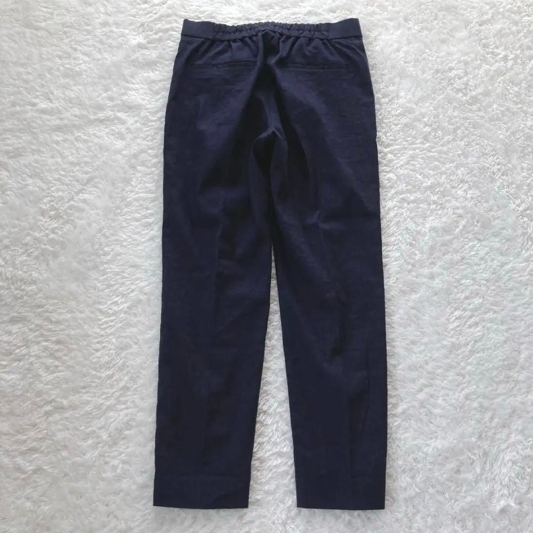 プラステ　パンツスーツ　ノーカラー　リネン混　ネイビー　L　夏スーツ　手洗い可