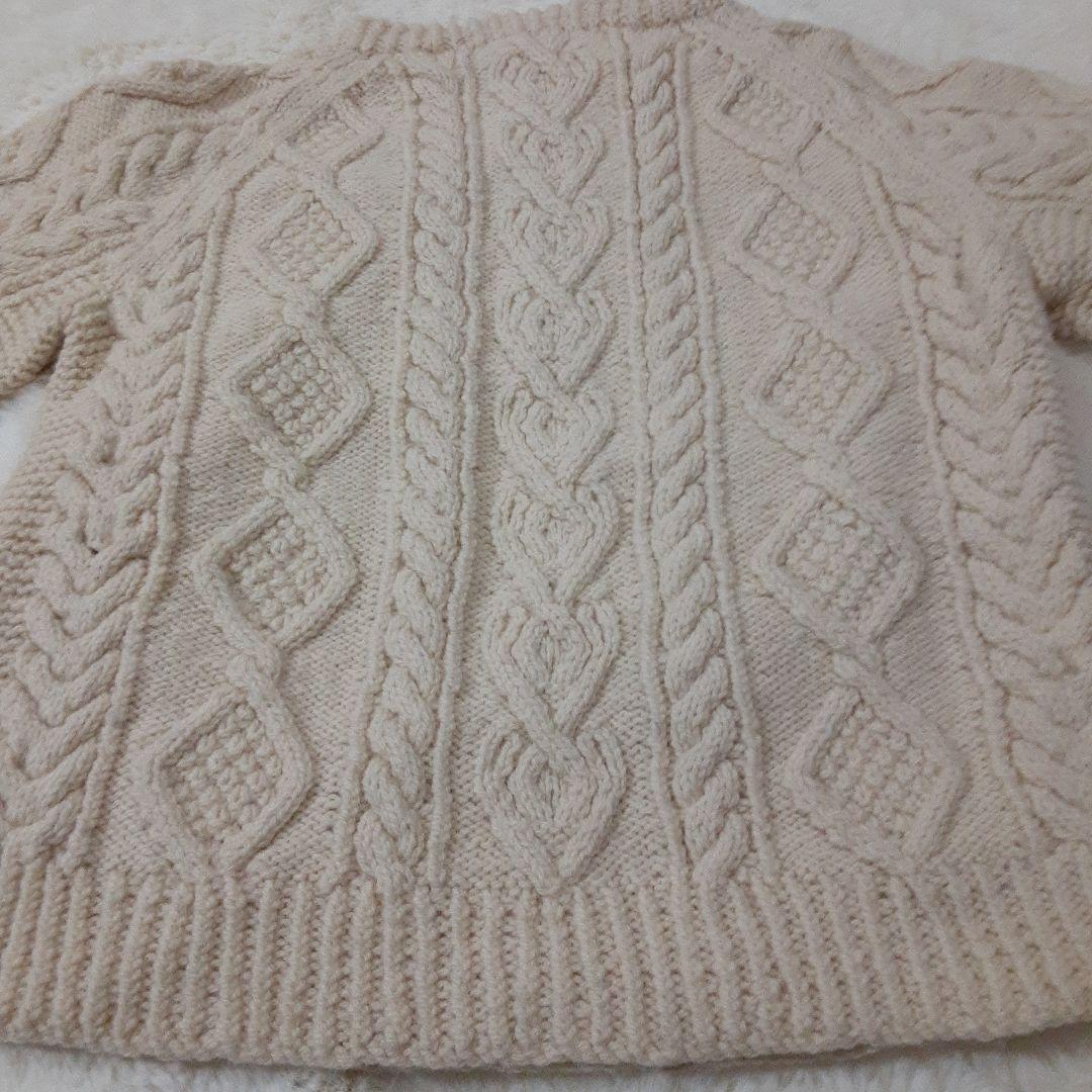 手編み　ハンドメイド　ケーブル編みニット　セーター　クルーネック　ウール　生成り