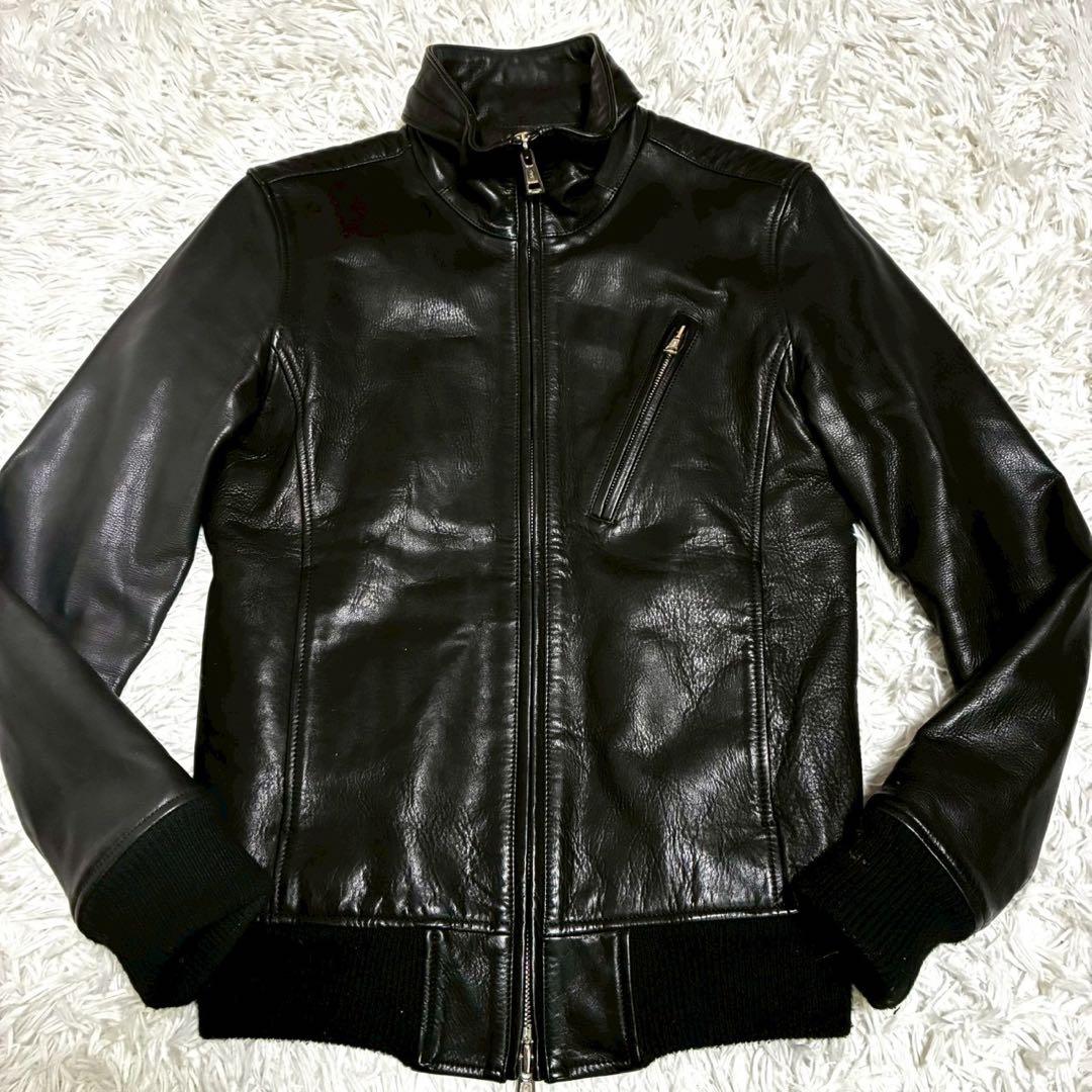 美品⭐️AKM レザージャケット カウレザー カシミヤ　ダブルジップ 迷彩　黒 M