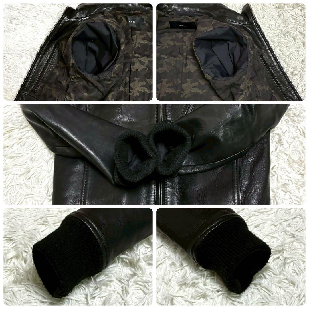 美品⭐️AKM レザージャケット カウレザー カシミヤ　ダブルジップ 迷彩　黒 M