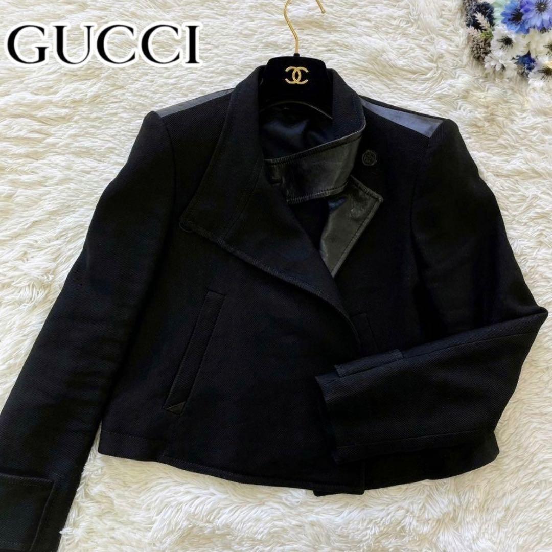 美品☆ グッチ ジャケット カシミヤ レザー 麻　黒 ホースビット