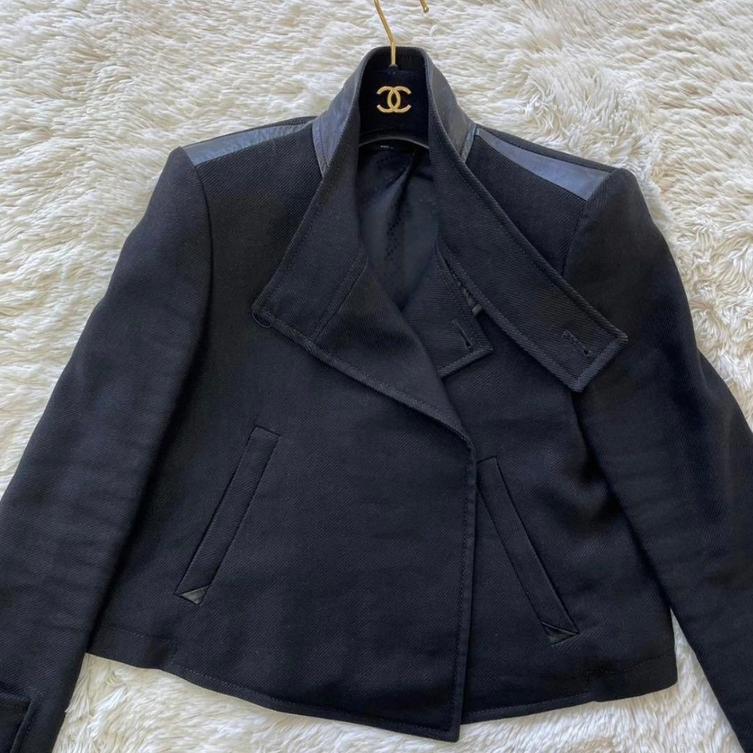 美品☆ グッチ ジャケット カシミヤ レザー 麻　黒 ホースビット
