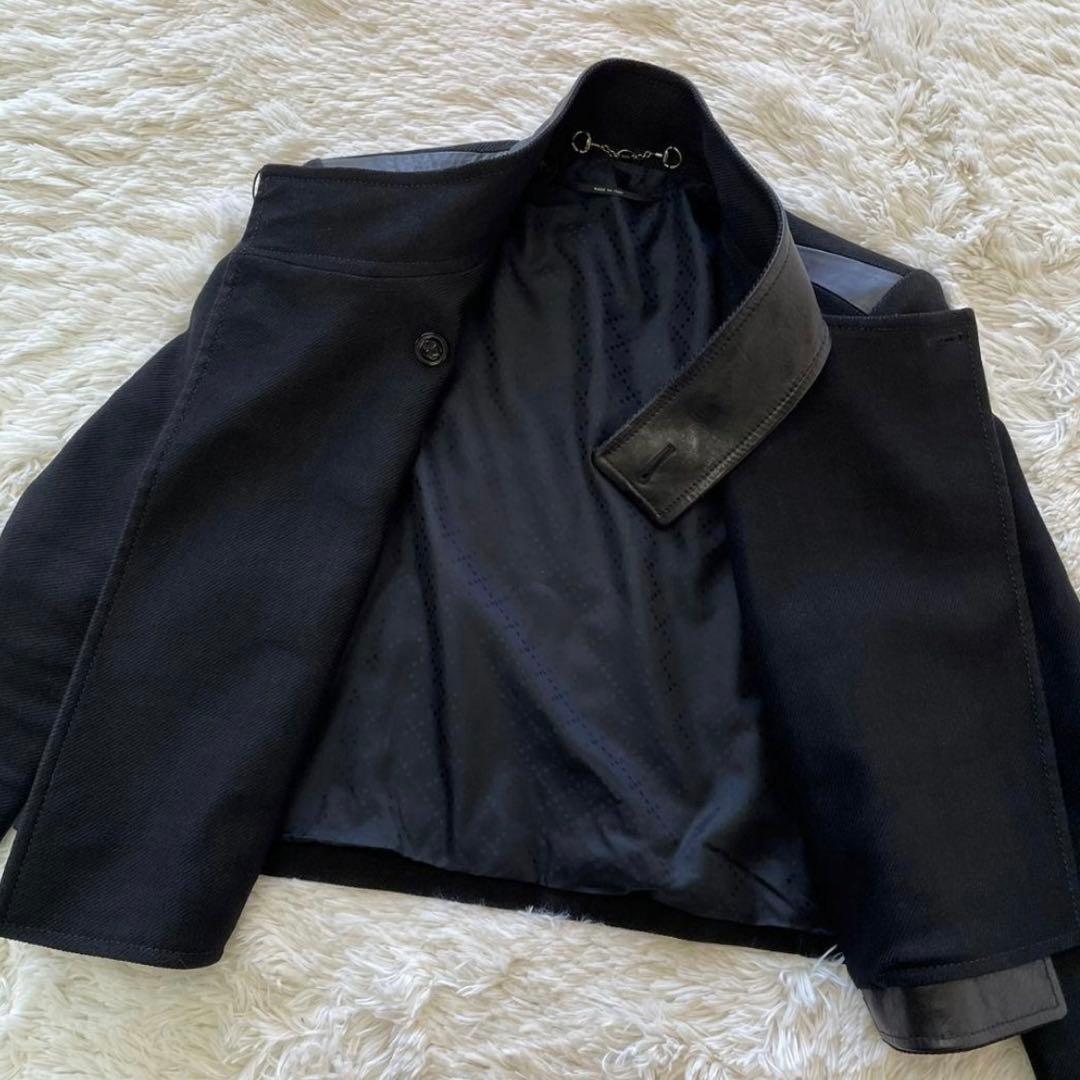 美品☆ グッチ ジャケット カシミヤ レザー 麻　黒 ホースビット