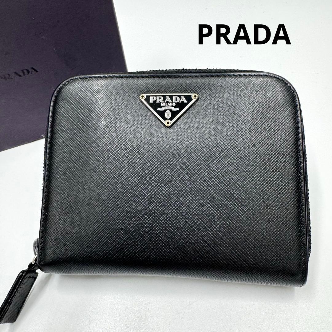 プラダ サフィアーノレザー 二つ折り財布 ラウンド コンパクト財布 ブラック