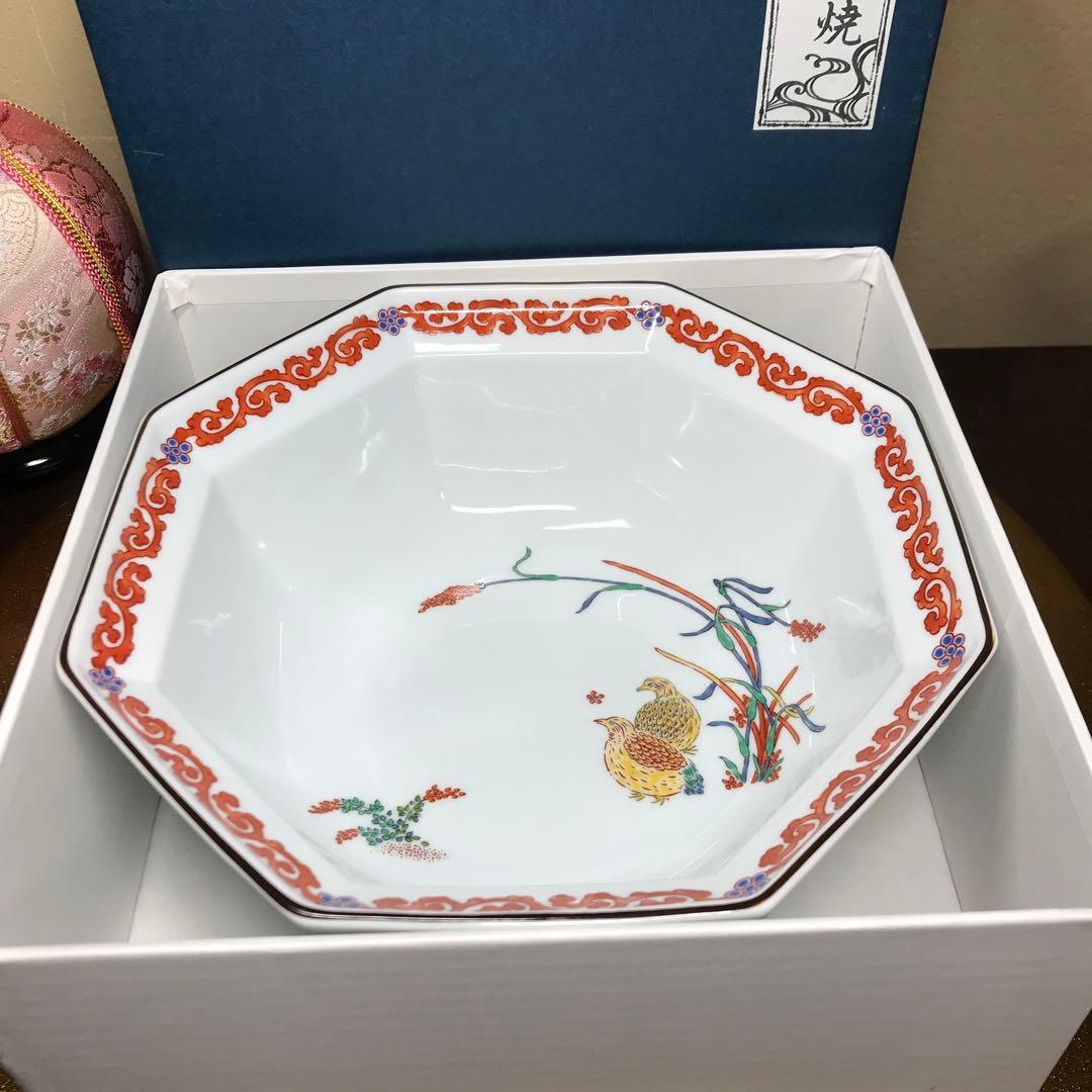 福泉窯　染錦粟に鶉絵　八角鉢　共箱入り　お祝い　新品未使用