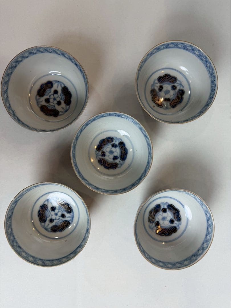 有田焼き　古伊万里　赤茶碗　蓋付き　色絵　5つ　NO.03