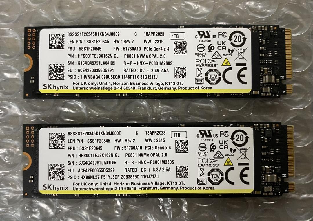 SK Hynix PC801 1TB NVMe M.2 SSD 2個セット