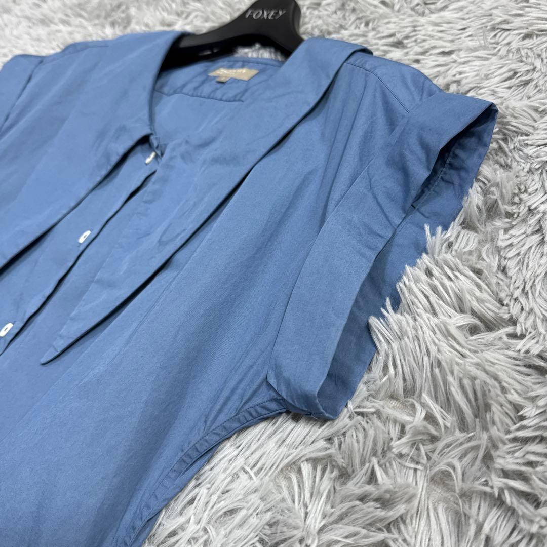 美品✨マーガレットハウエル ネッカチーフシャツ フレンチスリーブ コットンブルー