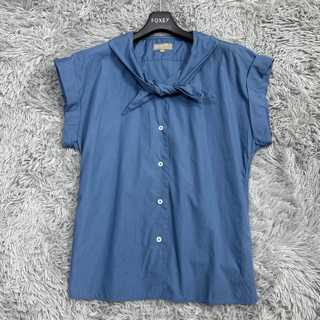 美品✨マーガレットハウエル ネッカチーフシャツ フレンチスリーブ コットンブルー