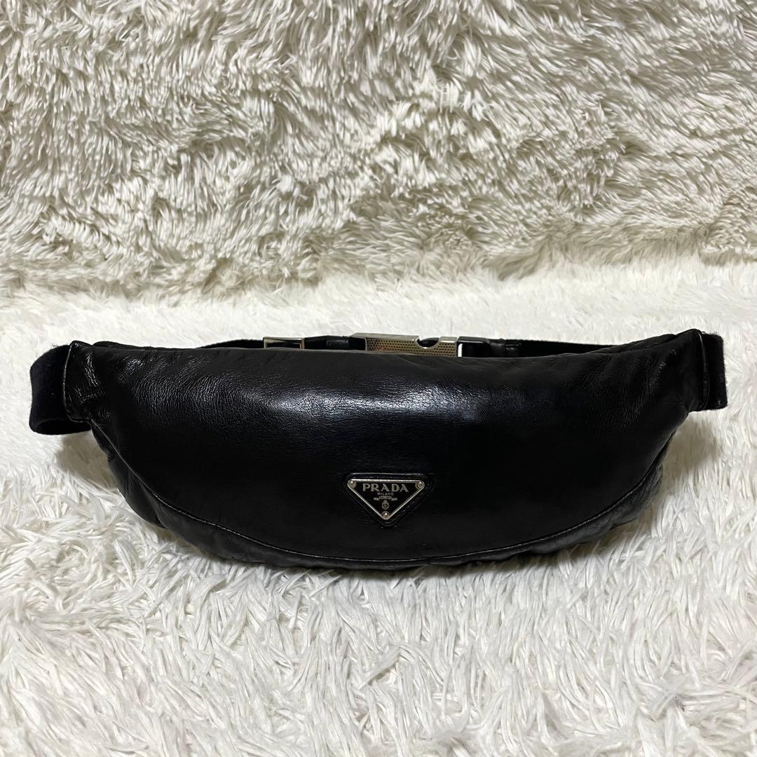 【良品】PRADA プラダ　ボディバッグ　ウエストポーチ　オールレザー　ブラック