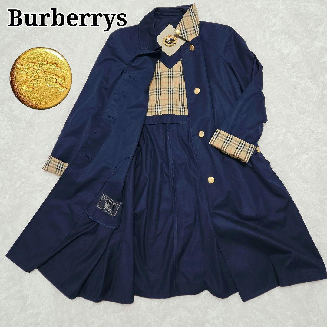 希少 Burberrys 旧タグ ノバチェック 比翼 金ボタン ロングコート 紺