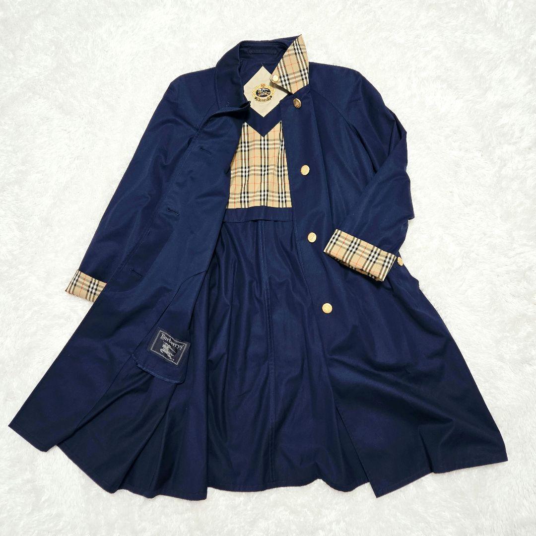 希少 Burberrys 旧タグ ノバチェック 比翼 金ボタン ロングコート 紺